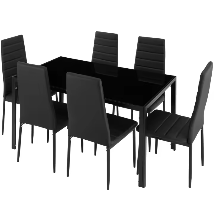 Tectake - Conjunto de mesa y 6 sillas de comedor BRANDENBURG, Acolchado con funda de cuero sintético muy resistente, Tablero de la mesa robusto, de vidrio de seguridad, Acero estable, Protectores de plástico en las patas para proteger el suelo de arañazos - 1