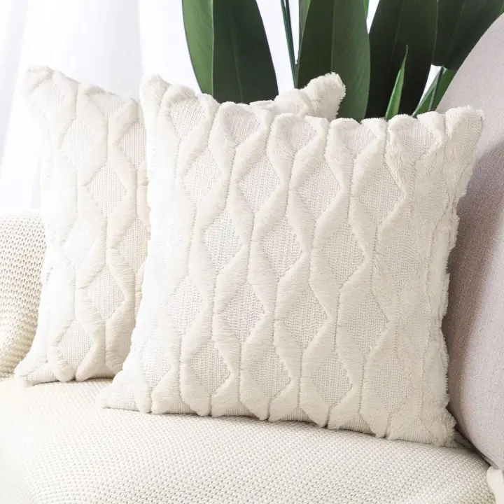 UDS. Fundas de Algodón Decorativas de terciopelo Corto de Lana de sudadera suave de lujo para sofá dormitorio Beige 45x45cm - 1