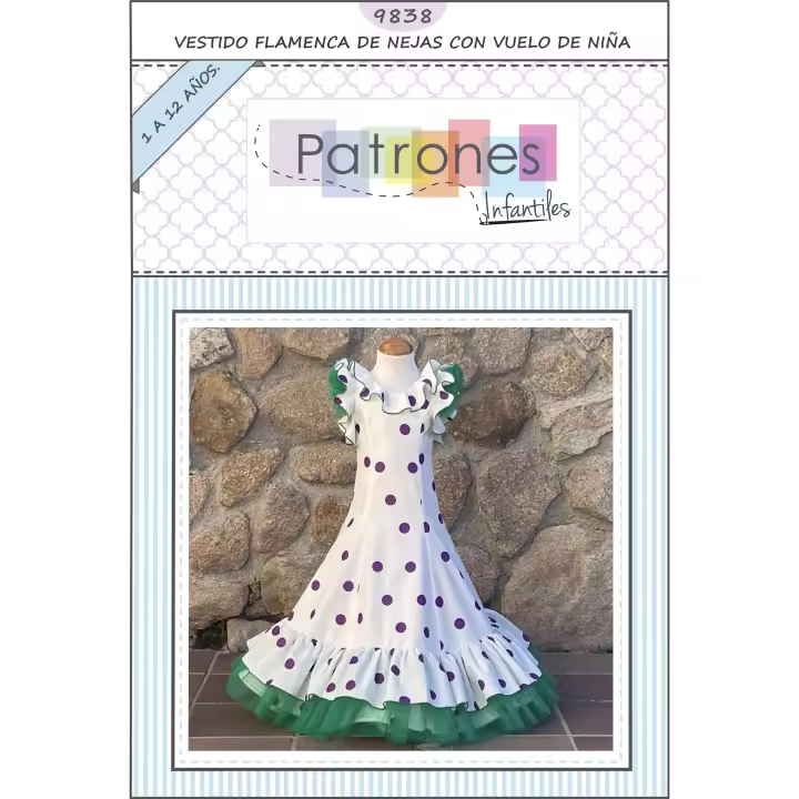 PATRONESMUJER-Patrón de Costura: Vestido Flamenca de nejas con Vuelo para niña - Tutorial en Vídeo y Patrón Multitalla en Papel (Tallas de 1 a 12 Años) para Hacerlo Tú Misma. - 1