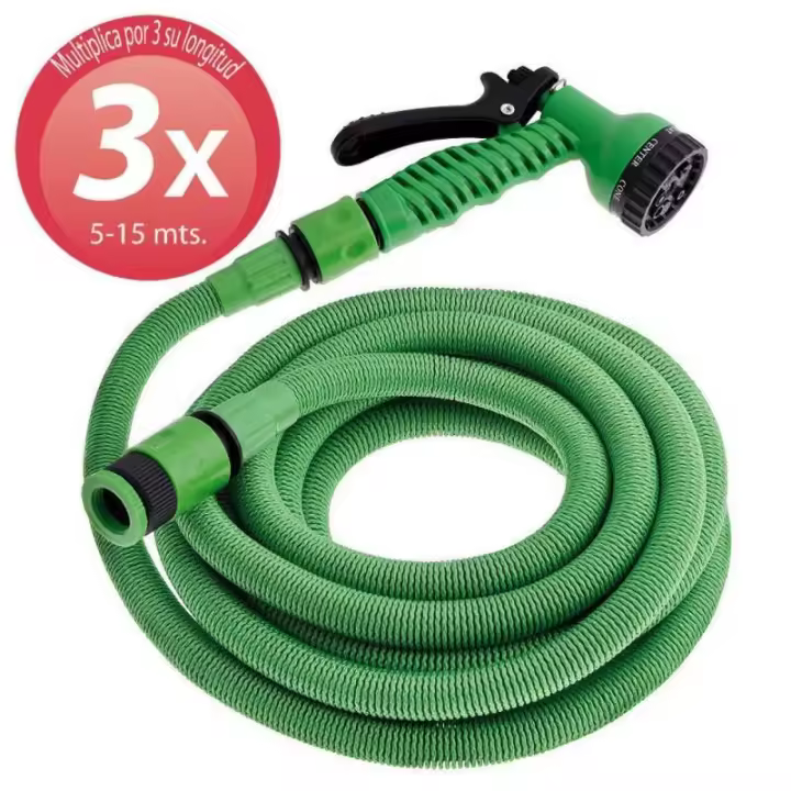 Saturnia Manguera Extensible Riego Compacto 5 A 15 Metros Con Pistola 7 Posiciones - Tubo Extensible - Incluye Adaptadores - Presión Mínima 4 Bares - 1