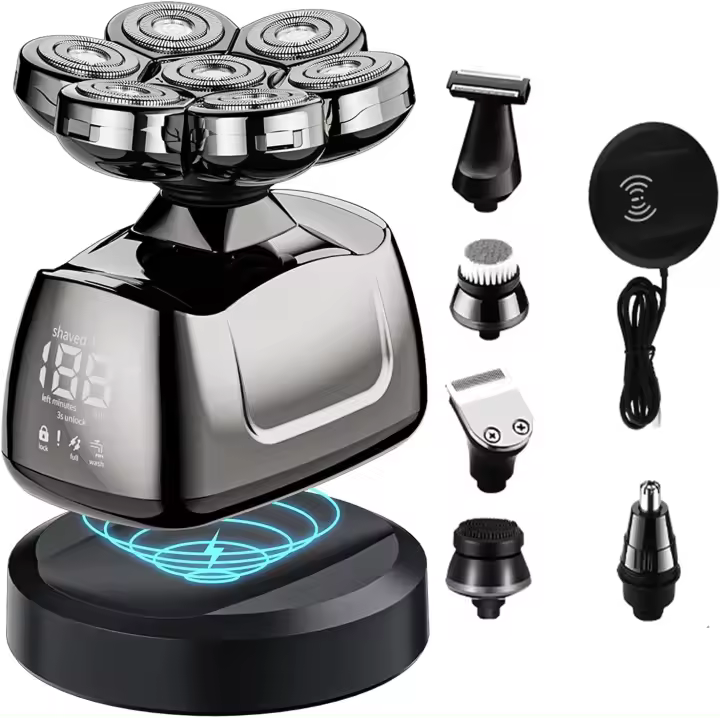Afeitadora Electrica Hombre, 6 In 1 Afeitadora Cabeza Hombre con 7 Cabezas Rotativa, Pantalla LED y carga inalámbrica Afeitadora - 1