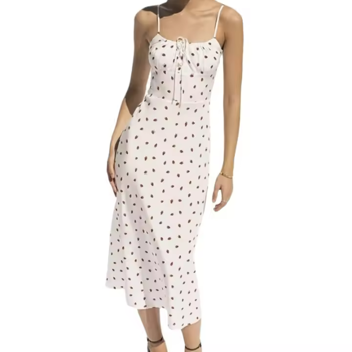 Vestido Midi De Encaje Con Estampado De Fresa Y Tirantes Cortos Para Mujer Vestido De Verano Con Cuello Cuadrado A-Line Para Chicas Jóvenes - 1
