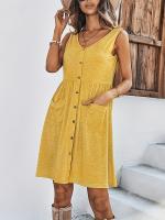 Vestido Sin Mangas Para Mujer Con Botones Y Estampado De Moda Para Primavera Y Verano Vestido De Vacaciones De Cintura a Largo De Pierna Estilo Casual - details 1
