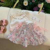 Conjunto De Ropa Para Bebé Niña Bear Leader Verano Sin Mangas Con Encaje Y Bow Flower Print Shorts Estilo Casual Material Algodón Y Poliéster - details 0