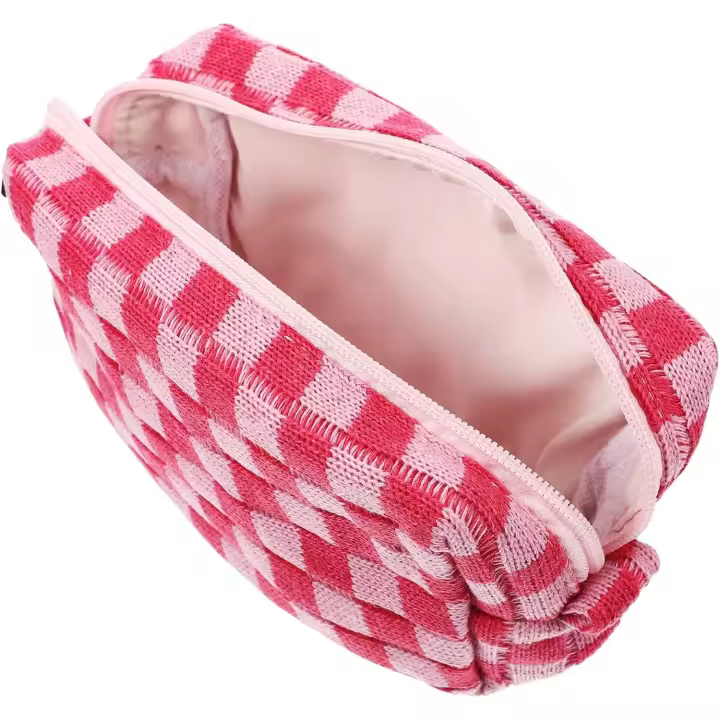 Bolsa de maquillaje de lana a cuadros, bolsa de cosméticos de gran capacidad, bolsa de aseo de viaje, organizador de maquillaje para niñas y mujeres. - 1