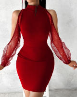 Vestido Bodycon De Encaje Con Cuello Redondo Y Manga Larga Para Mujer Vestido Slim Con Cintura Ajustada Estilo Oficina Lady - details 3