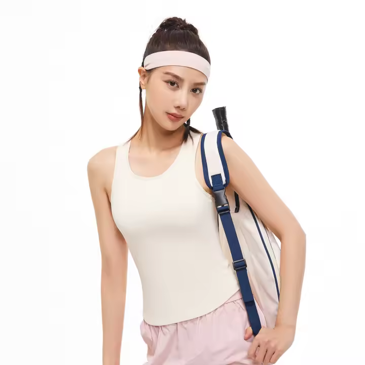 Chaleco de yoga de una pieza color melocotón, ajustado, con cuello redondo y sin copas, antiexposición y deportivo. - 1