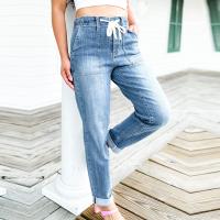 Pantalones Casuales Para Mujer Con Cordón Cintura Alta Jeans Rectos De Algodón Y Spandex Estilo Sencillo Para Todas Las Estaciones - details 1