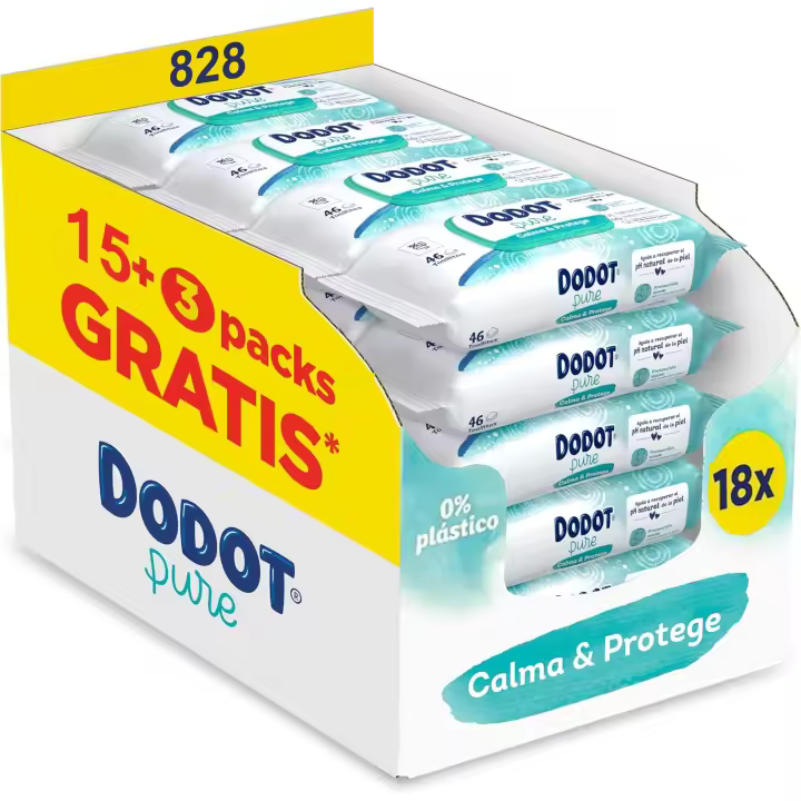 Dodot Toallitas Pure Calma & Protege Aloe Vera para Bebé 828 Toallitas (18 Paquetes de 46 Toallitas), Ayuda a restaurar el pH natural de la piel, una gota de Aloe Vera. - 1