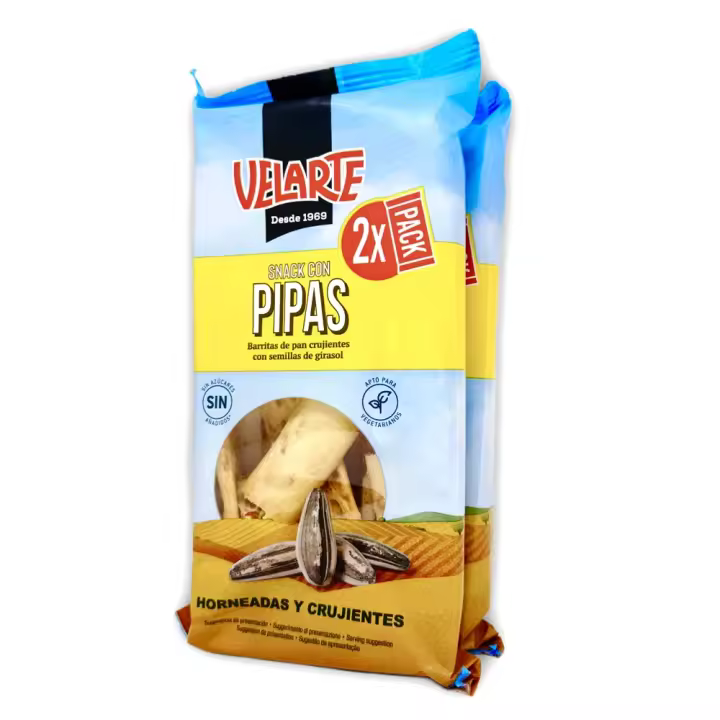 🌻 Velarte Artesanas Pipas – Bolsa 60 g (Caja 24 uds.)  Deliciosas barritas horneadas con pipas de girasol. Crujientes, sabrosas y hechas con ingredientes de calidad. Caja de 24 bolsas de 60 g, perfectas para vending, hostelería o tiendas - 1