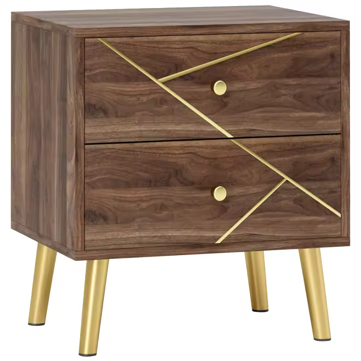 HOMCOM Mesilla de noche, mesita de noche, con 2 cajones, tiradores dorados, patas de acero, para dormitorio, salón, 45 x 35 x 50 cm, veta de madera marrón - 1