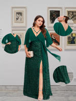 Conjunto De 3 Piezas Para Mujer Talla Grande Vestido De Novia Con Diseño De V-Neck Y Lentejuelas Adorno De Corazón De Diamante Verde Collar Y Aretes - details 0