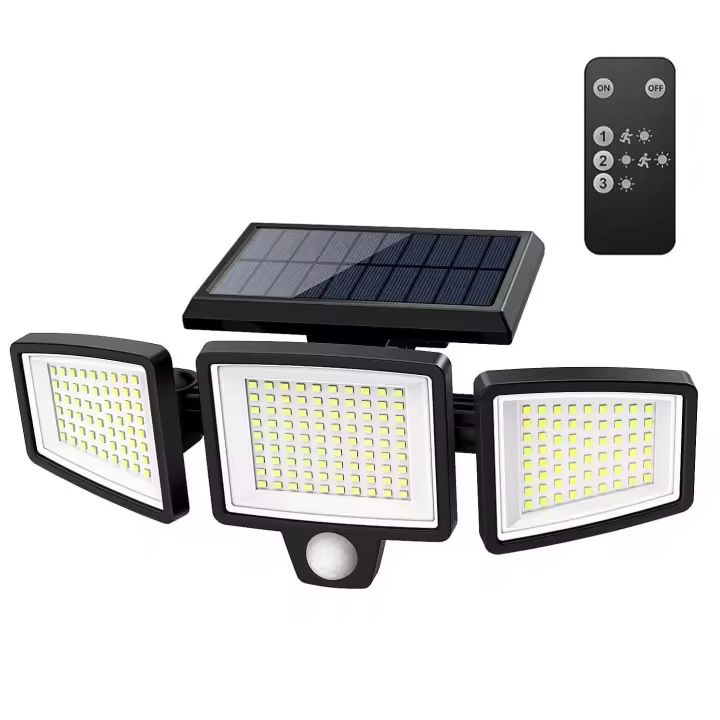 Lámpara de pared - Iluminación solar para exteriores - Luz con sensor de movimiento de 3 cabezales - Resistente al agua IP65 - Foco gran angular de 270° - 3 modos - Luz de seguridad de 210 LED de 2500 lm con control remoto - 1