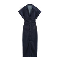 Vestido De Denim Para Mujer Estilo Casual Manga Corta A-Line Midi Ruched Fashion De Primavera Verano Streetwear Nuevo 2026 - details 1