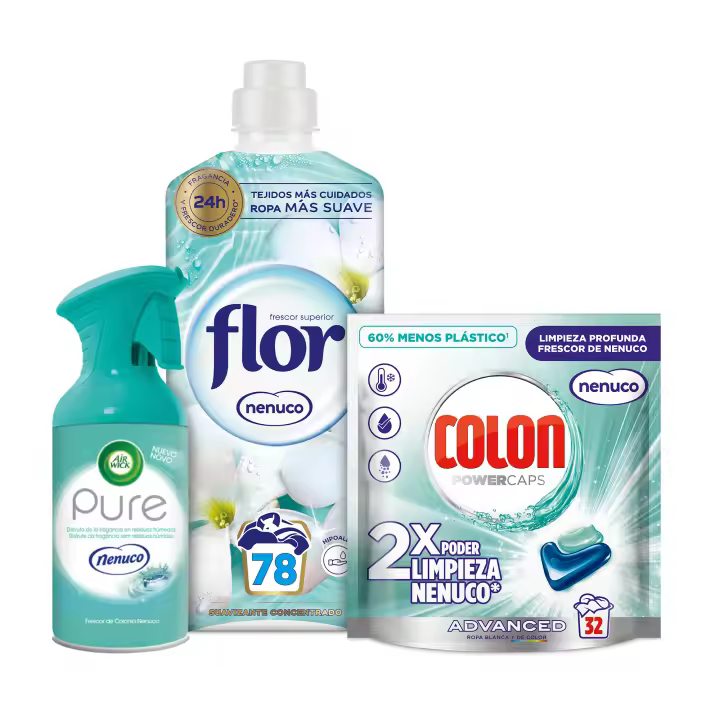 Colon PowerCaps Nenuco 32 lavados detergente ropa + Flor Suavizante Concentrado Nenuco 78 lavados frescor duradero + Air Wick Pure Nenuco Spray Ambientador 250ml elimina olores - 1