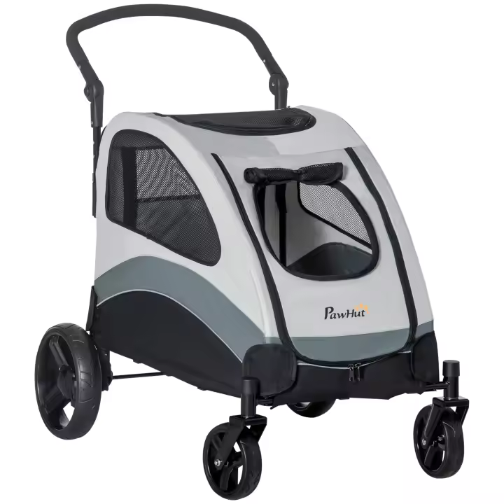 PawHut Cochecito para Perros Plegable Carrito para Mascotas con 5 Ventanas 2 Puertas Bolsillo de Almacenaje Correas de Seguridad y Frenos Tela Oxford 300D Acero 107x67x102 cm Gris - 1