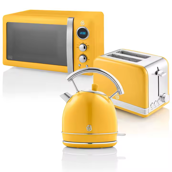 SWAN STRP2070YELNEU Retro Set Desayuno Hervidor Agua 1,8L, Tostadora 2 Rebanadas, Microondas Digital 20L, Vintage, 850W, Amarillo - 1