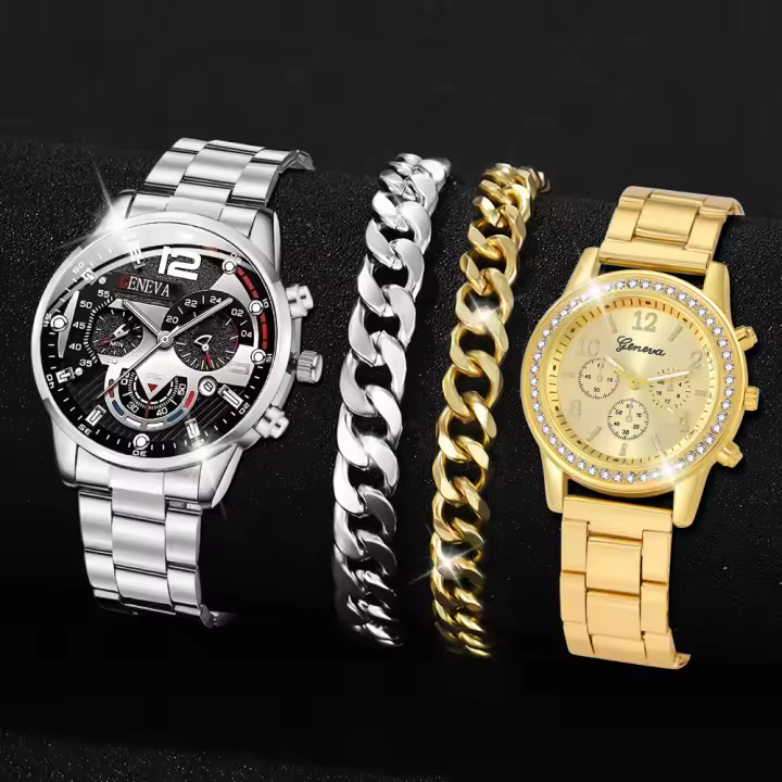 Juego De 4 Relojes Para Mujer En Oro Y Plata Con Diamantes Y Dial Romano Moda Reloj De Cuarzo Con Pulsera De Diamantes - 1