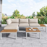 Juego de tumbonas de Jardín, Marco de Maple galvanizado, (2 asientos dos, 2 mesas auxiliares, 1 Mesa), encimera de Madera de Acacia, cubierta de Tela para respaldo, beige - details 1