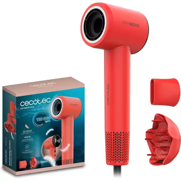 Cecotec Secador de Pelo Compacto y Ligero DryNova Red Spark. 1600W, 110000RPM, Motor Brushless, Difusor y Concentrador, Generador de Iones, Silencioso y Duradero, 4 Ajustes de Temperatura - 1