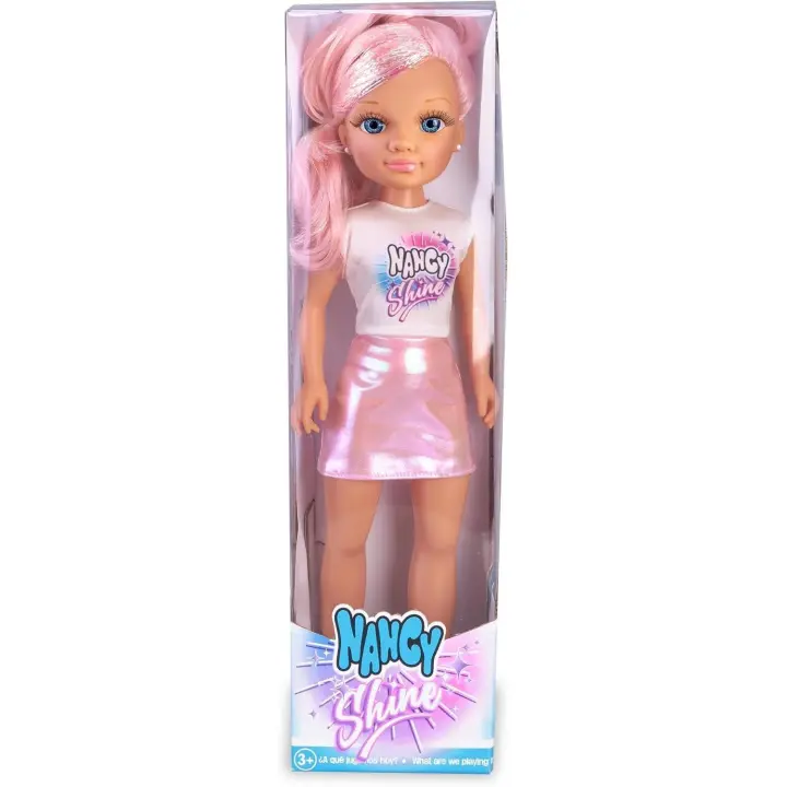 Nancy Shine , Pink, Muñeca con el Pelo Largo con Mechones Metalizados de Color Rosa, Vestido de Falda Rosa Metalizada y Top Blanco - 1