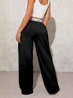 Trousers Casual Para Mujer Con Estampado De Letras Pantalones Anchos De Cintura Media Estilo Deportivo Con Bolsillos Y Cierre Elástico - details 4