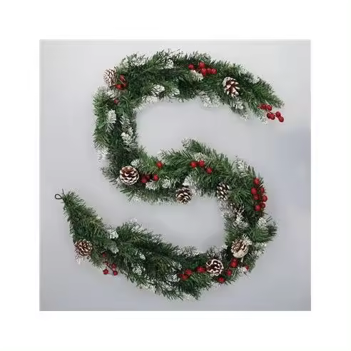 Guirnalda de Navidad "Dusia" efecto nieve con acebo y piñas 180cm color verde blanco marrón y rojo (no iluminada) - 1