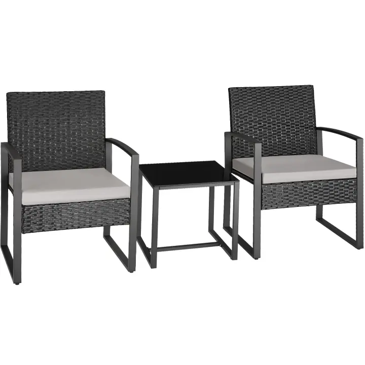 Tectake - Conjunto de ratán GRANADA con mesa para 2 personas negro, Cómodo conjunto de ratán para dos personas, Fino trenzado de ratán sintético, resistente a los rayos UVA, Sólida estructura estable de acero con revestimiento en polvo - 1