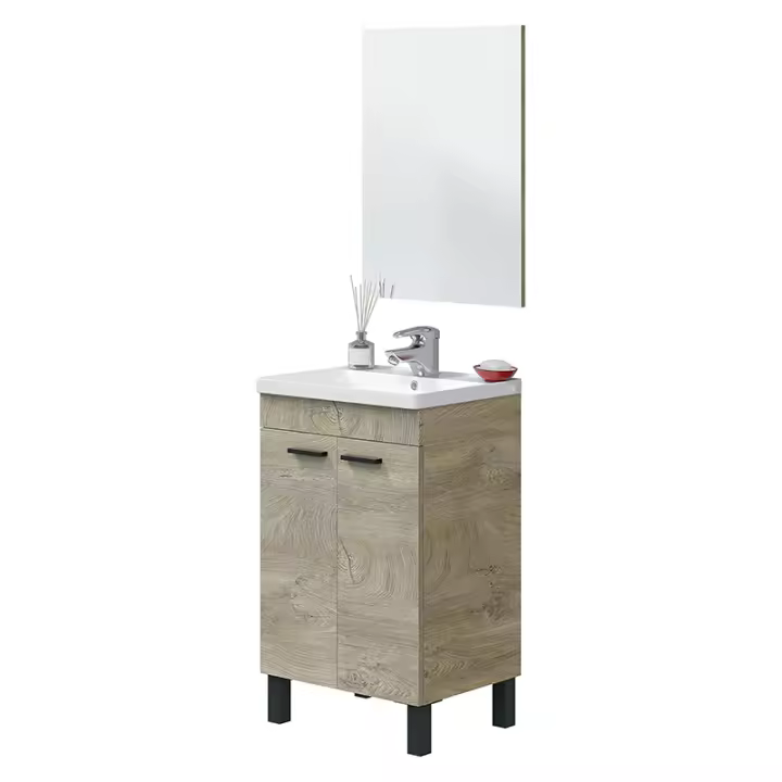 CAMA EXPRESS Mueble de baño de 50 cm de ancho con 2 puertas y espejo en color roble alaska (Lavabo no incluido). - 1