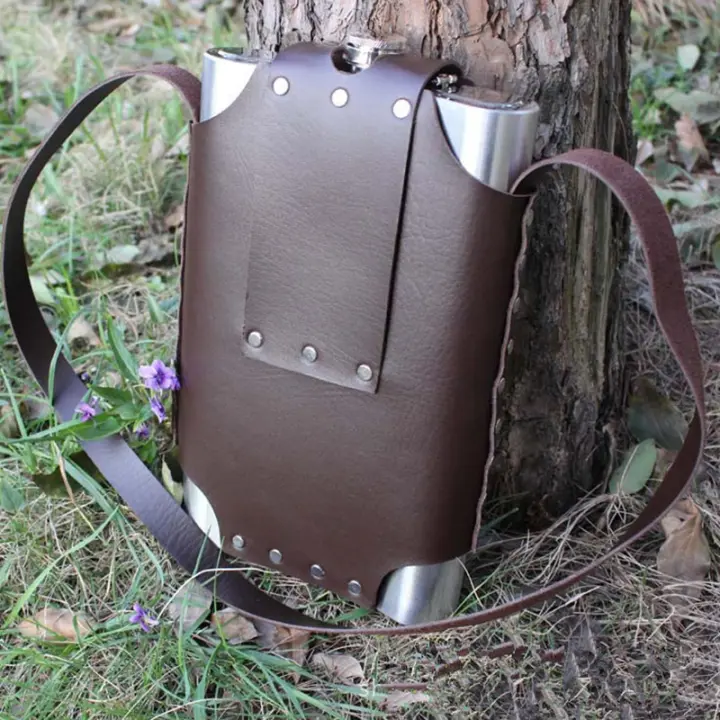 Botella De Viaje De 64oz En Acero Inoxidable Con Cubierta De Cuero Flasque Para Vino Y Whiskey Con Funel Incluido Regalo De Ocio - 1