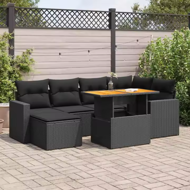 vidaXL Set de sofás de jardín 7 pzas con cojines ratán sintético negro - 1