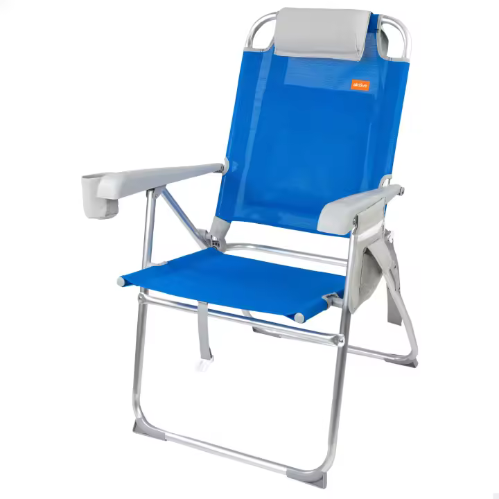 Aktive - Silla de playa plegable con respaldo reclinable 8 posiciones, 48x65x100 cm, de aluminio y textileno, con mochila, cojín, posavasos, bolsa rejilla, bolsillo lateral y antivuelco, máx. 110 kg, sillas de playa, sillas plegables, accesorios verano - 1