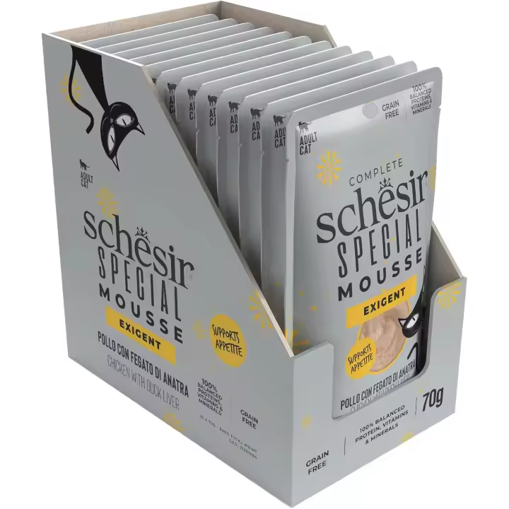 Schesir Special, Exigent, Pollo con hígado de pato Comida Humeda Completa para Gatos (12 sobre X70g) - 1
