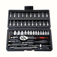 Kit de herramientas de reparación de automóviles, juego de llaves de trinquete de enchufe de accionamiento de 1/4 pulgadas, Kit combinado de herramientas de reparación de automóviles de bicicleta, 46 piezas - details 1