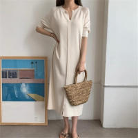 Vestido Largo De Verano Para Mujer REALEFT Estilo Coreano Casual Suelto Con Cuello En V Manga Larga Color Sólido Vestido Midi - details 3