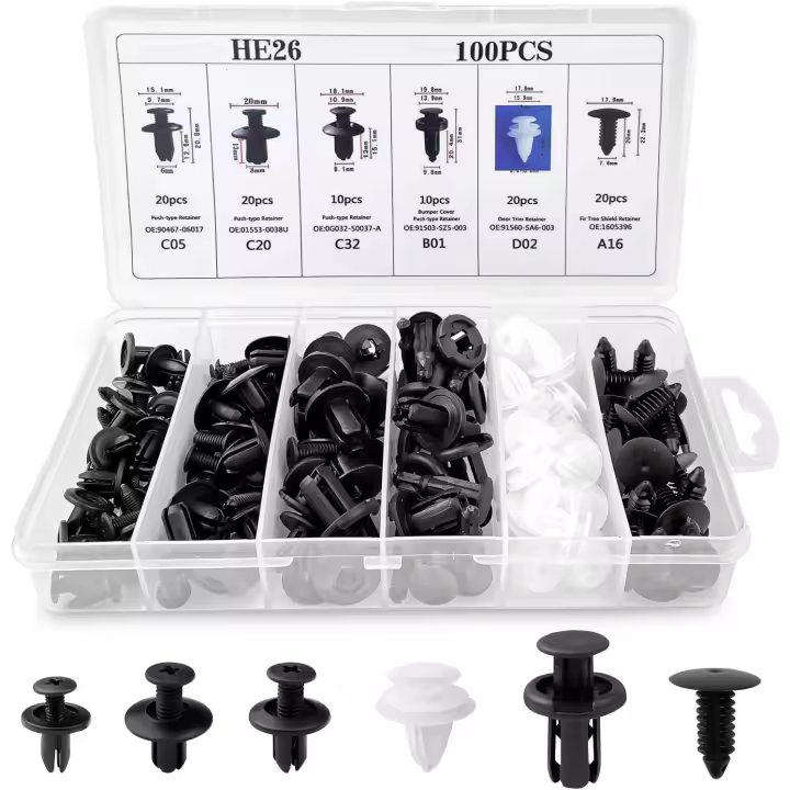 100 PCS Clips universales para automóvil, 6 tamaños Herramientas de apriete de sujetadores para automóvil, Remaches de plástico, Clips para carrocería de parachoques Kit de reemplazo de empuje de guardabarros de puerta - 1