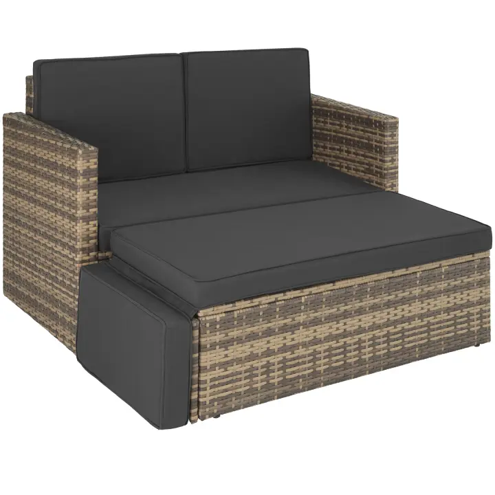 Tectake - Sofá de ratán Corfú | Mueble de Exterior elegante y cómodo | Taburete grande con reposapiés desplegable | Trenzado de calidad óptima de poliratán resistente a los rayos UV - 1