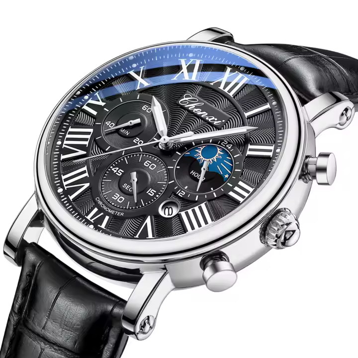 Reloj De Negocios Lujo CHENXI Para Hombre Moda Cronógrafo Fase Lunar Fecha Resistente Al Agua Multifuncional Cuarzo Pulsera Con Manos Luminosas Material De Correa Cuero Display Numeral Romano - 1