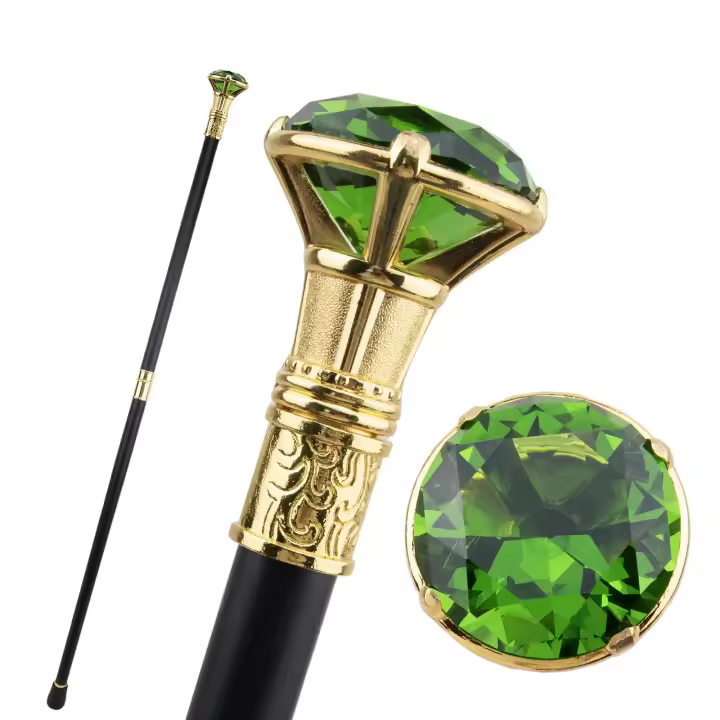 Bastón De Moda Verde Diamante Dorado 93cm Elegante Decorativo Para Cosplay Manija De Cabeza De Diamante Tipo Gentleman - 1