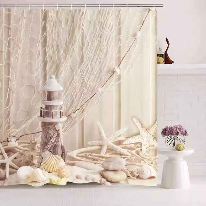 Cortina de ducha textil, cortina de ducha de tela con anillas, 180 x 200 cm, conchas, cortina de ducha, cortina de baño, impresión digital, poliéster, antimoho, beige - 1