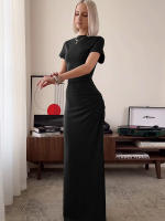 Vestido Maxi Bodycon Dulzura Con Cuello En 'O' Manga Corta Y Abertura En El Lado Elegante Y Ajustado Para Mujer Streetwear Otoño Invierno - details 18
