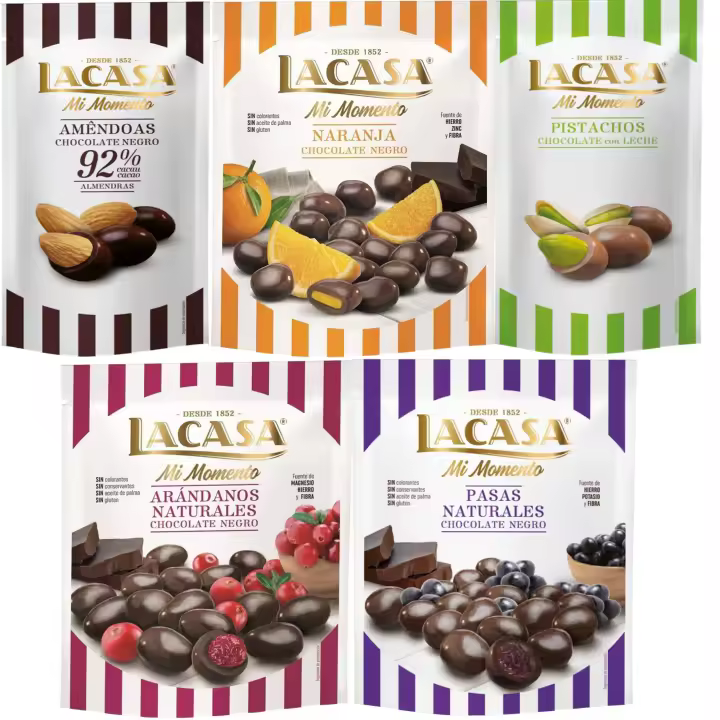 Lacasa Mi Momento pack de 5:Pistacho Chocolate Leche ,Almendra 92% ,Arándano Chocolate Negro ,Pasas Chocolate Negro ,Naranja Chocolate Negro - 1