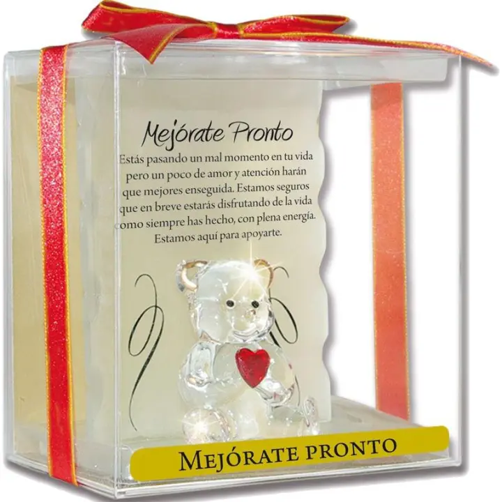 Angel n Bear Modelo Mejórate Pronto. Osito de Cristal sobre un Pedestal, con un corazón Rojo, y una Frase Especial para Alguien Que lo está pasando Mal. Regalo Decorativo para Dar Muchos ánimos - 1
