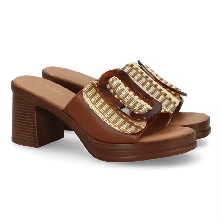 PuntoSalao Zuecos de tacón cómodo hebilla color camel VR5-1610 - 1
