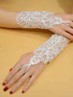 Guantes De Boda Elegantes En Tulle Blanco Con Perlas Y Pétalos Mesh Accesorios Fotográficos Versátiles Para Mujer - details 4