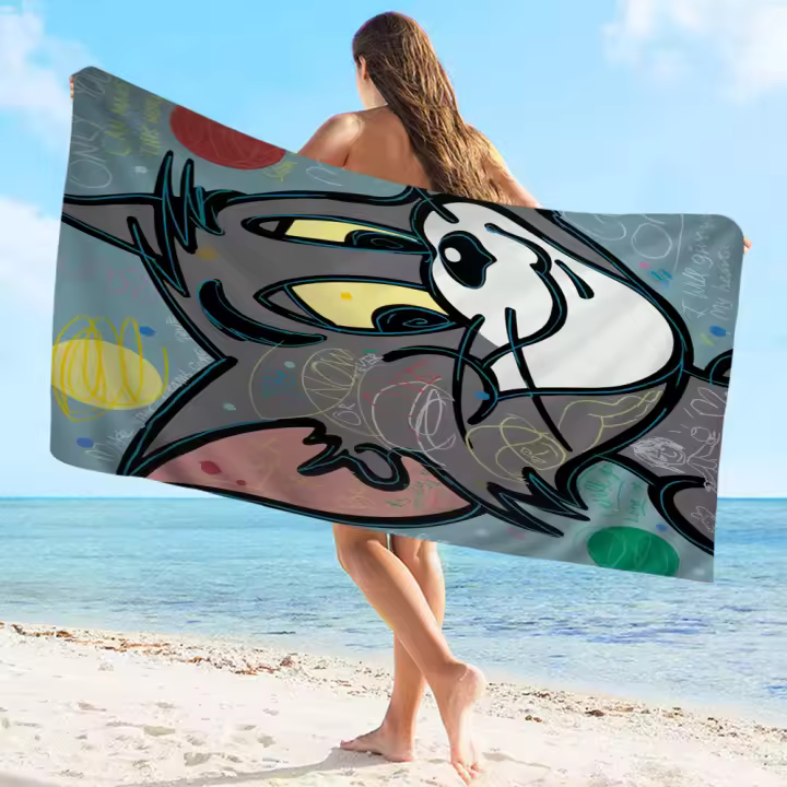 Toalla De Playa Curtoon T-Tom Y J-Jerry Microfibra Absorbente Rápida Secado Suave Yoga Natación Resort Montañismo Tamaño 76x182 Cm - 1