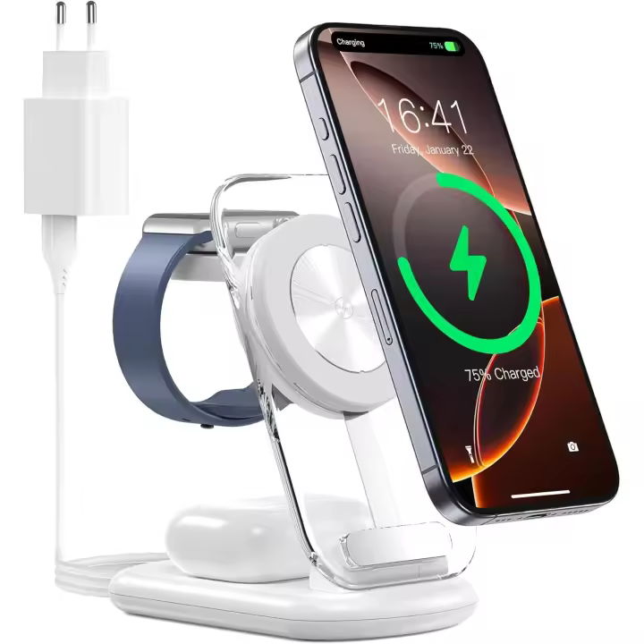 Estación de carga 3 en 1 para iPhone, cargador magnético fuerte para Apple Watch con luz - 1
