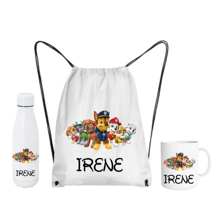 Lote - Botella + mochila + taza - Diseño con nombre y dibujo - (DEJAR NOMBRE EN CHAT O NOTAS) Regalo cumpleaños - Para niño/niña - 1