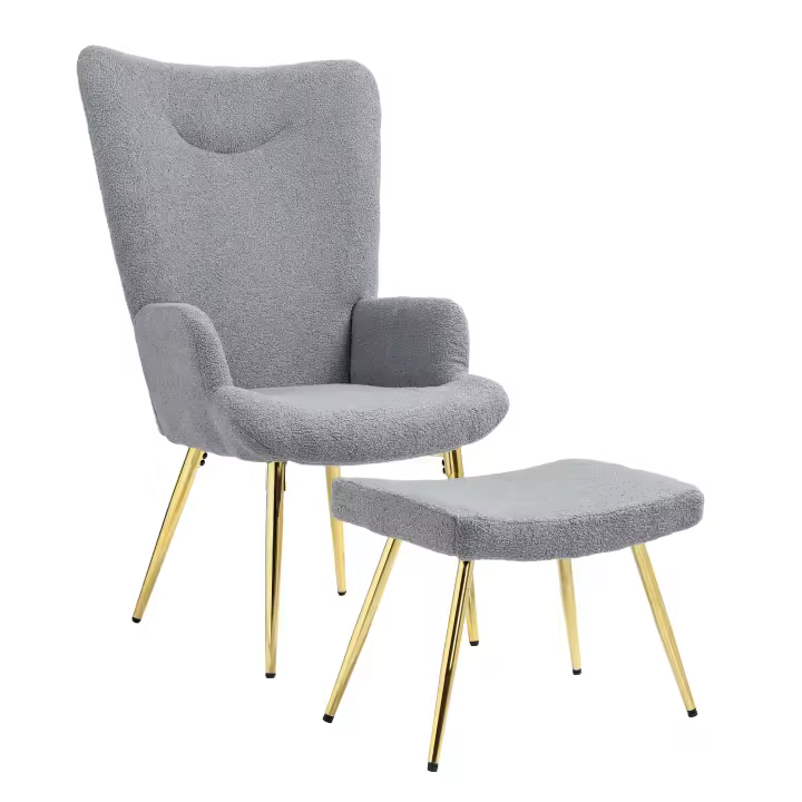 HOMCOM Sillón con reposapiés sillón sillón de lectura con patas de acero dorado, respaldo alto y tejido de rizo, para salón dormitorio gris - 1