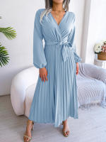 Vestido Largo Elegante Para Mujer Con Cuello En V Manga Larga Pleated Maxi Con Cinturón Estilo Casual De Pierna Larga - details 59
